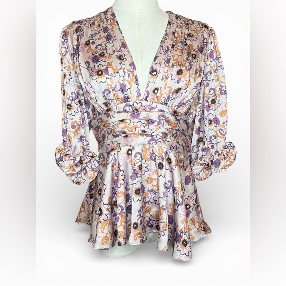 ALEXIS Floral Plunge Peplum Blouse XS Pink Purple Boho Designer Top